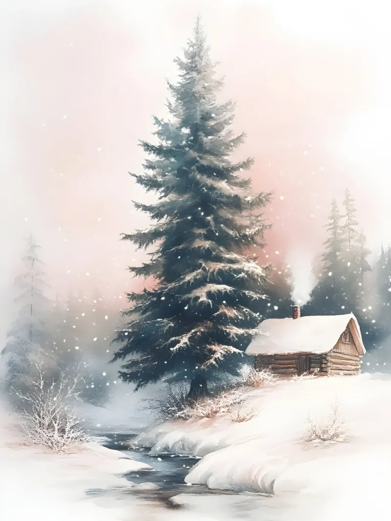 Romantico rifugio invernale in una foresta innevata con ruscello poster da Studio Vibe