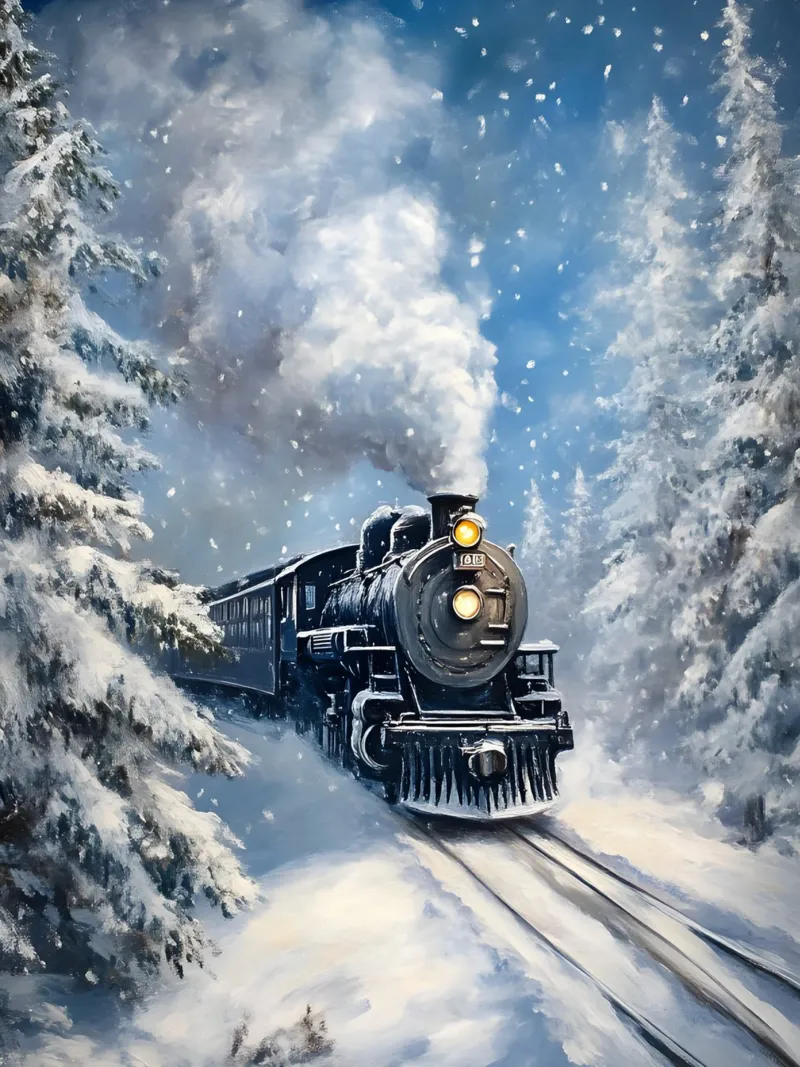 Winter Dampflok – Nostalgische Eisenbahn Kunst Poster von Studio Vibe
