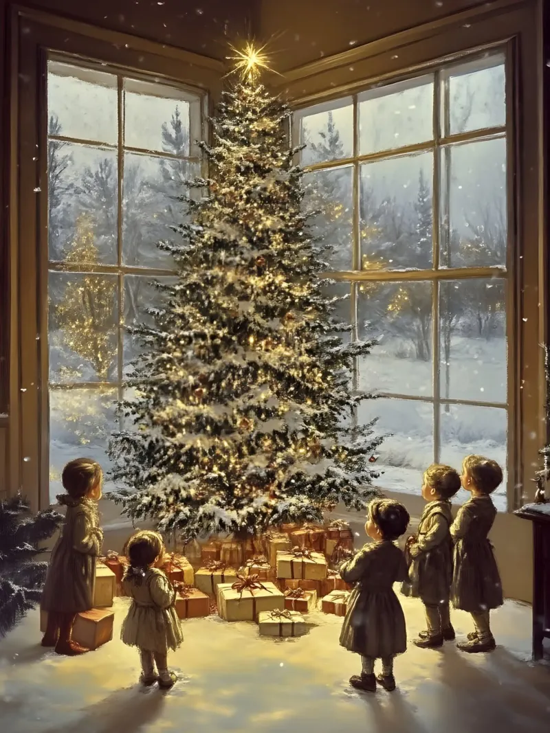 Nostalgic Christmas children on the tree - winter art canvas with Floater frame by Studio Vibe