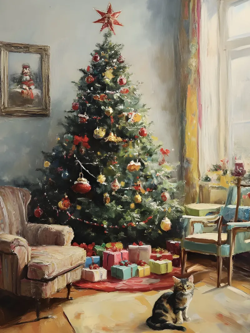 Vintage Christmas tree with cat - Nostalgic painting canvas with Floater frame by Studio Vibe