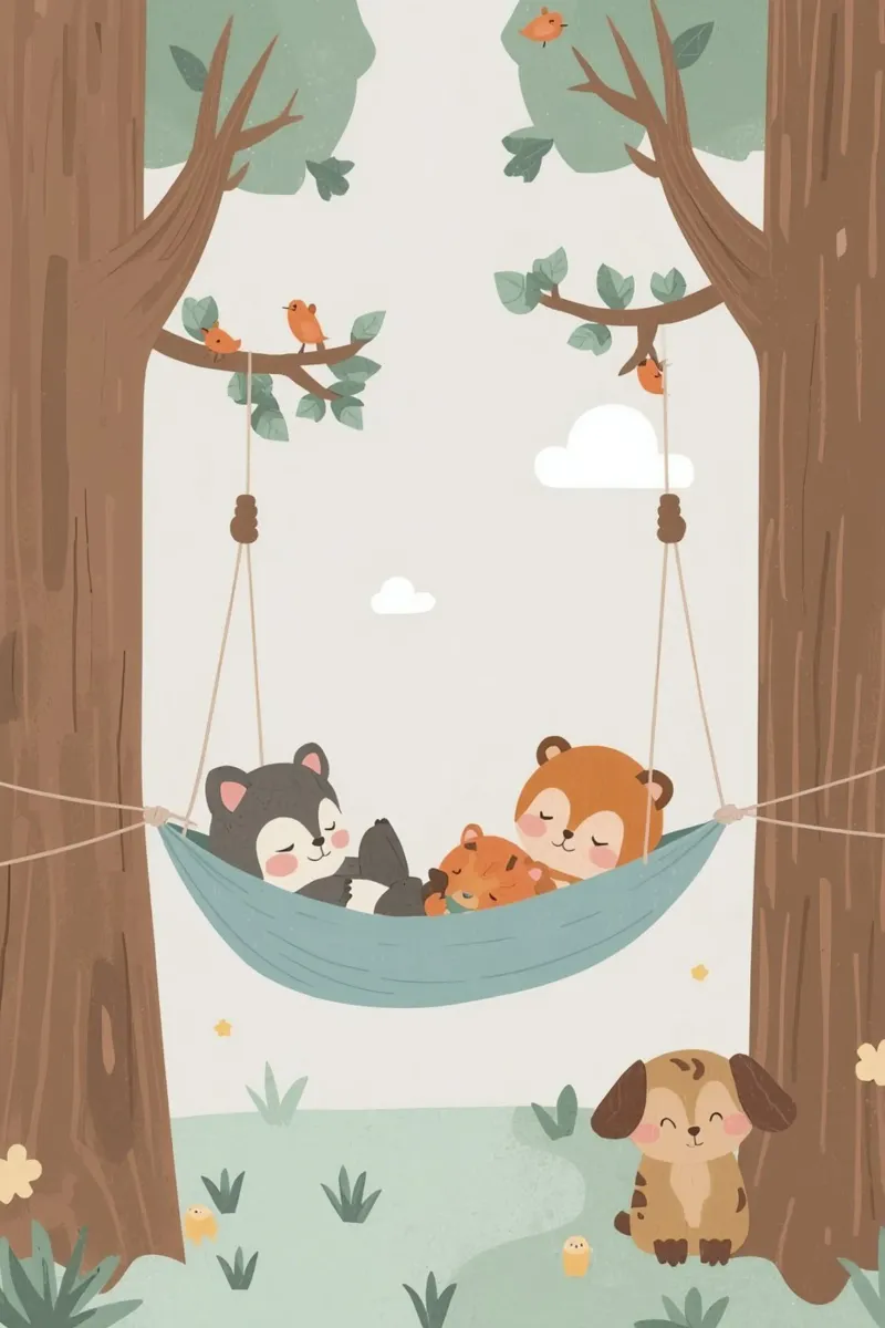 Vivero Dibujos animados Animales durmiendo en hamaca entre los árboles lienzo con Marco flotante de DesignDoodle