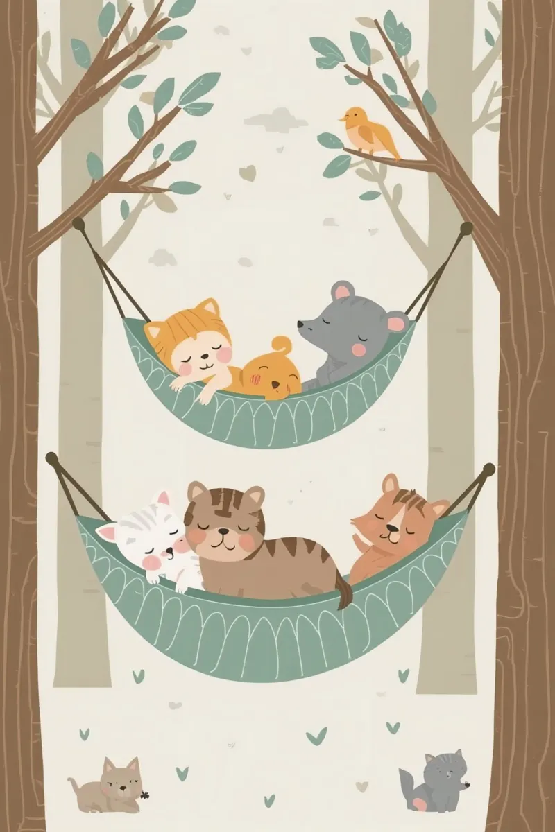 Dibujos animados de animales durmiendo en hamacas entre los árboles lienzo con Marco flotante de DesignDoodle