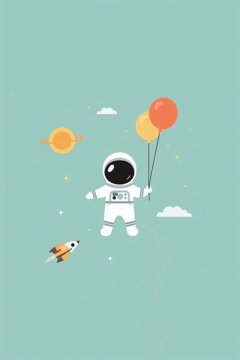 Cartone animato Astronauta con palloncini nello spazio poster con telaio in legno da DesignDoodle