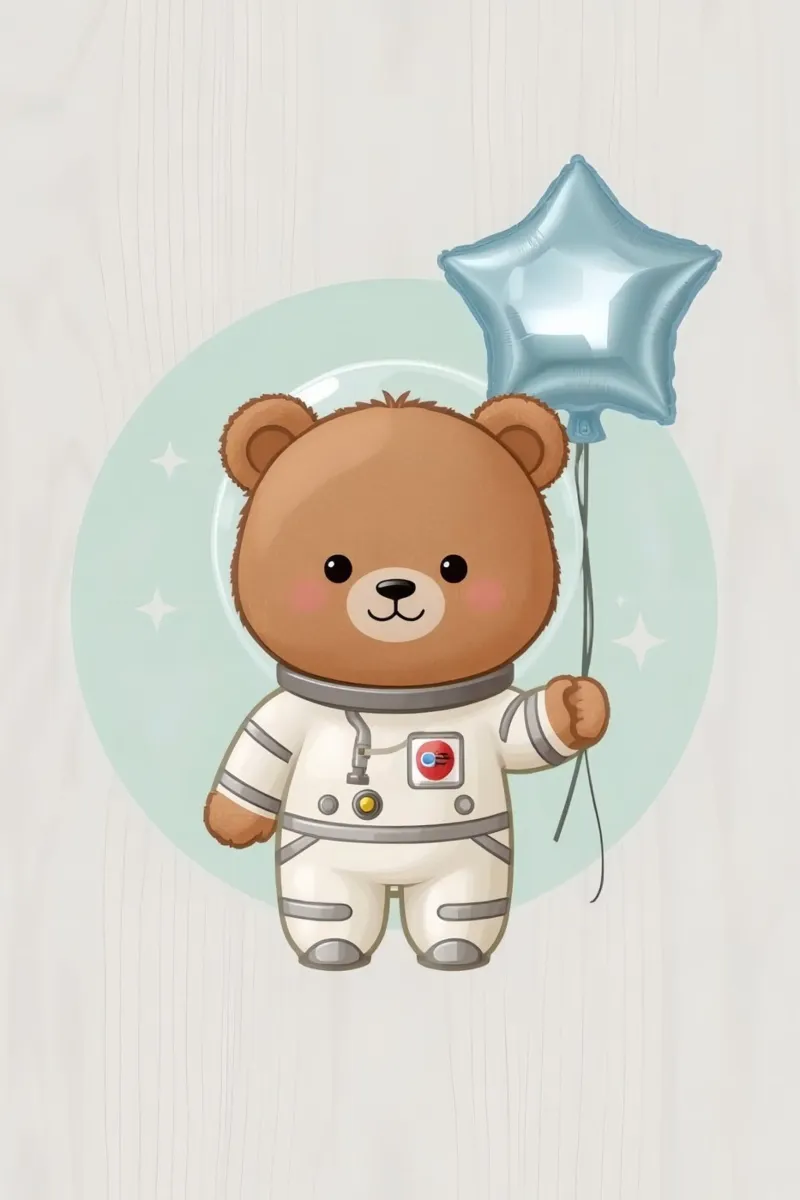 Orso astronauta dei cartoni animati con in mano un palloncino a forma di stella tela con Cornice a cassetta da DesignDoodle