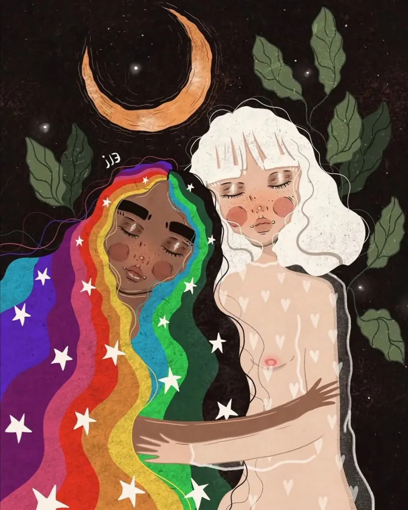 two girl in moonight leaf poster con telaio in legno da panada
