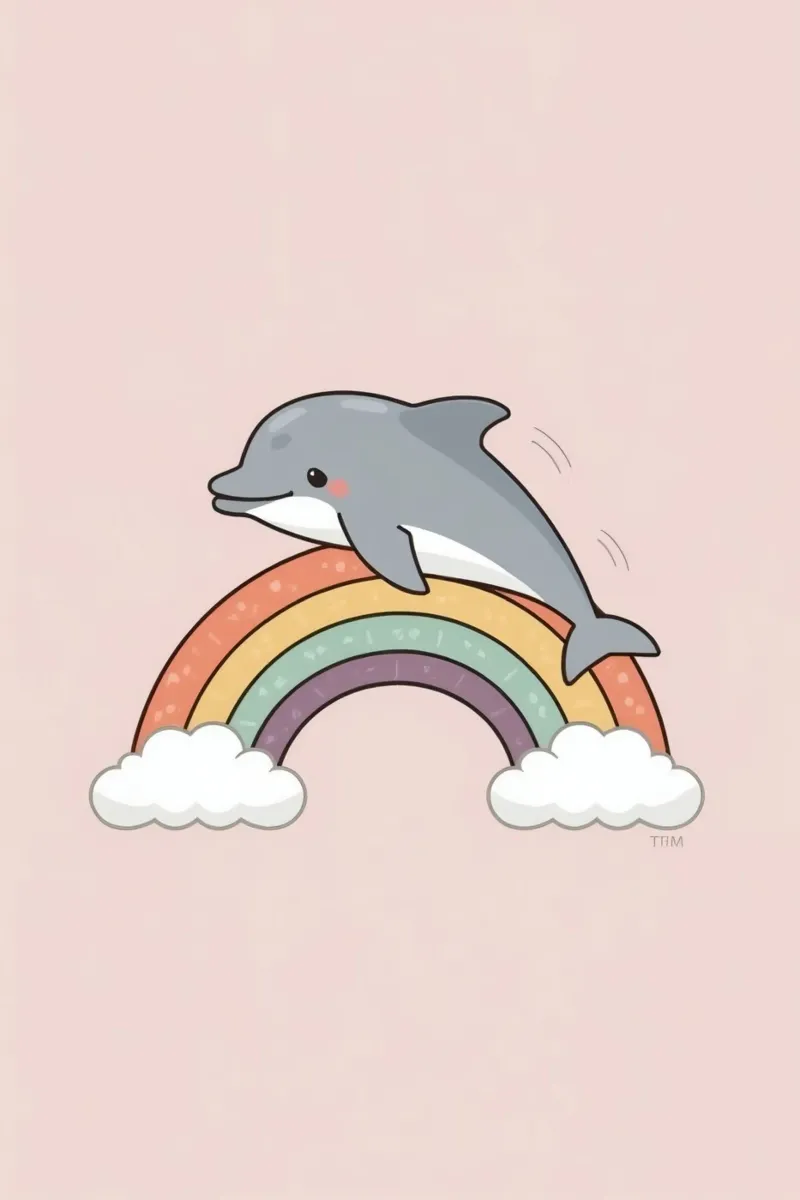 Carino il delfino dei cartoni animati sopra l'arcobaleno poster con telaio in alluminio da DesignDoodle