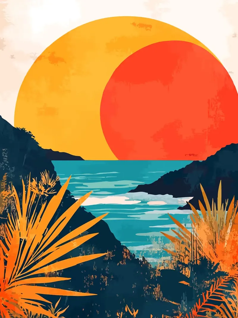 Sunrise over Ocean Minimalist Nature Art Digital Illustratio canvas with Floater frame by Leon B Feierabend