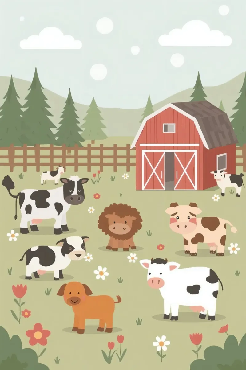 Cute Cartoon Farm Animals in Field with Barn canvas with Floater frame by DesignDoodle