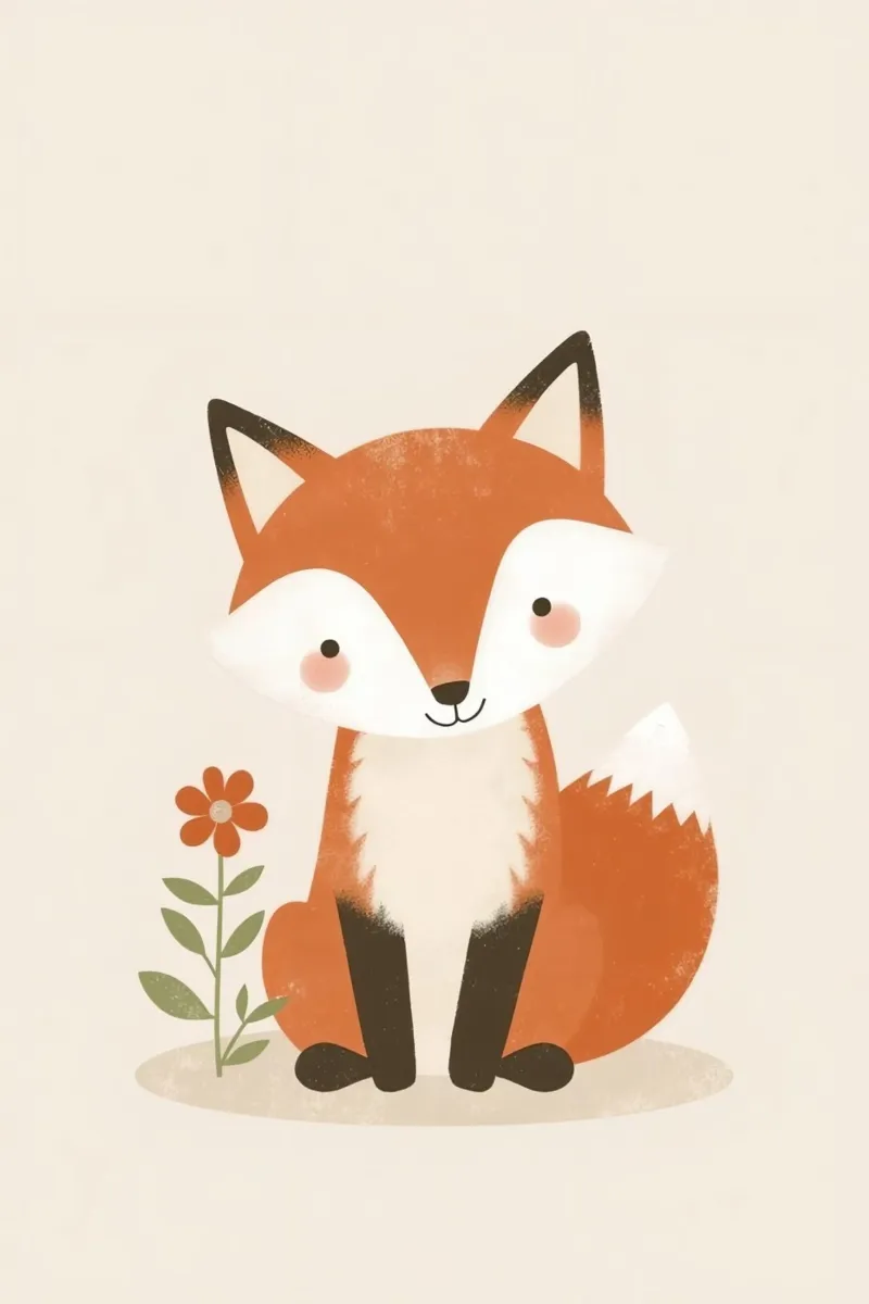 Volpe carina dei cartoni animati seduta accanto a un fiore poster da DesignDoodle