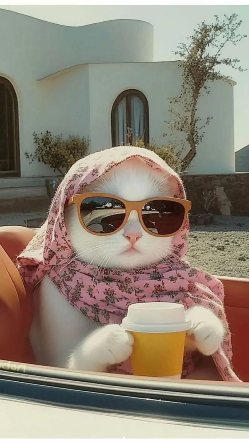 cat chill in car with coffee poster con telaio in legno da firmana