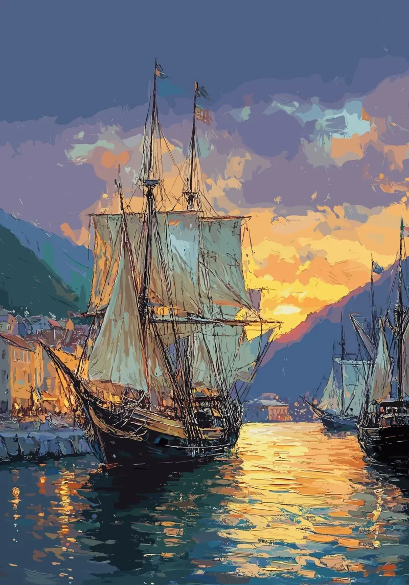Historisches Segelschiff im Abendlicht Leinwand mit Schattenfugenrahmen von pixelbull - medieval art and more