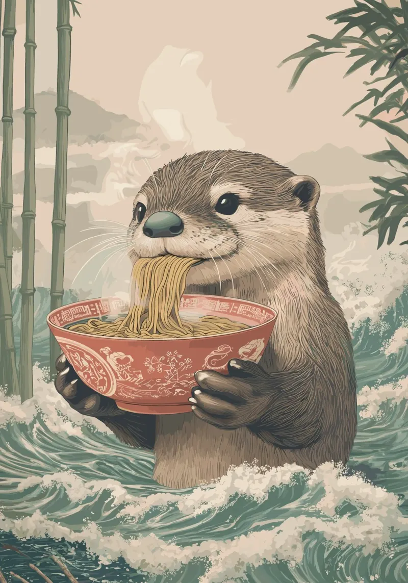 Lontra con ramen in una marea di Estremo Oriente poster con telaio in plastica da pixelbull - medieval art and more