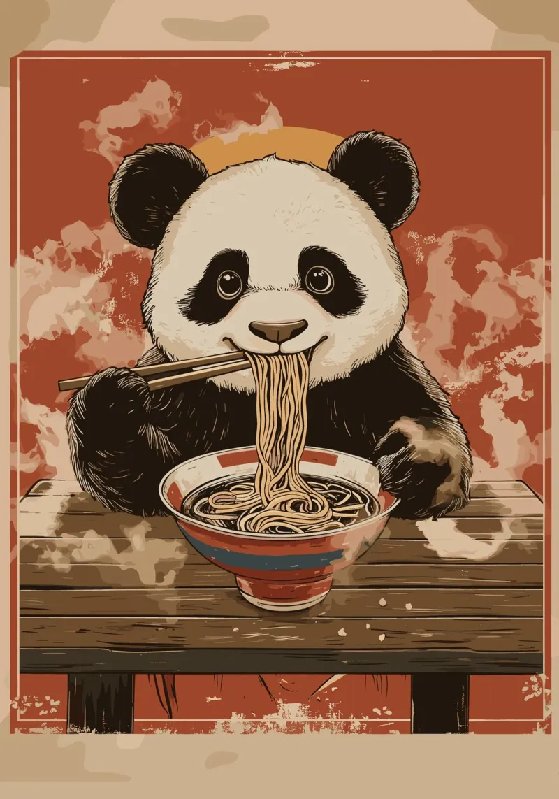 Panda a un banchetto di ramen poster con telaio in alluminio da pixelbull - medieval art and more