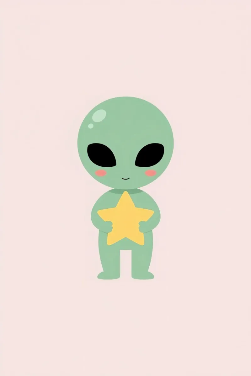 Simpático dibujo animado de un extraterrestre verde con una estrella amarilla en la mano lienzo con Marco flotante de DesignDoodle