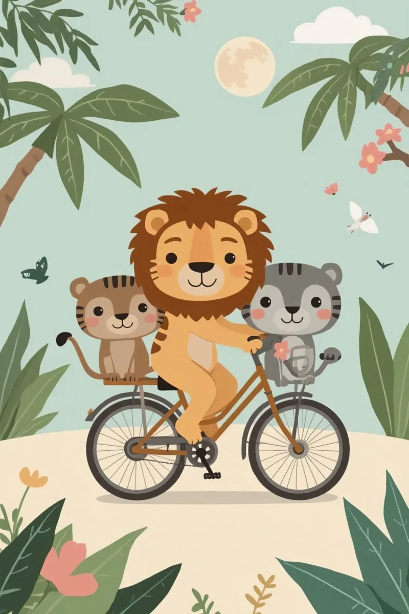 Carino divertente cartone animato Leone e gatti in bicicletta nella giungla poster da DesignDoodle