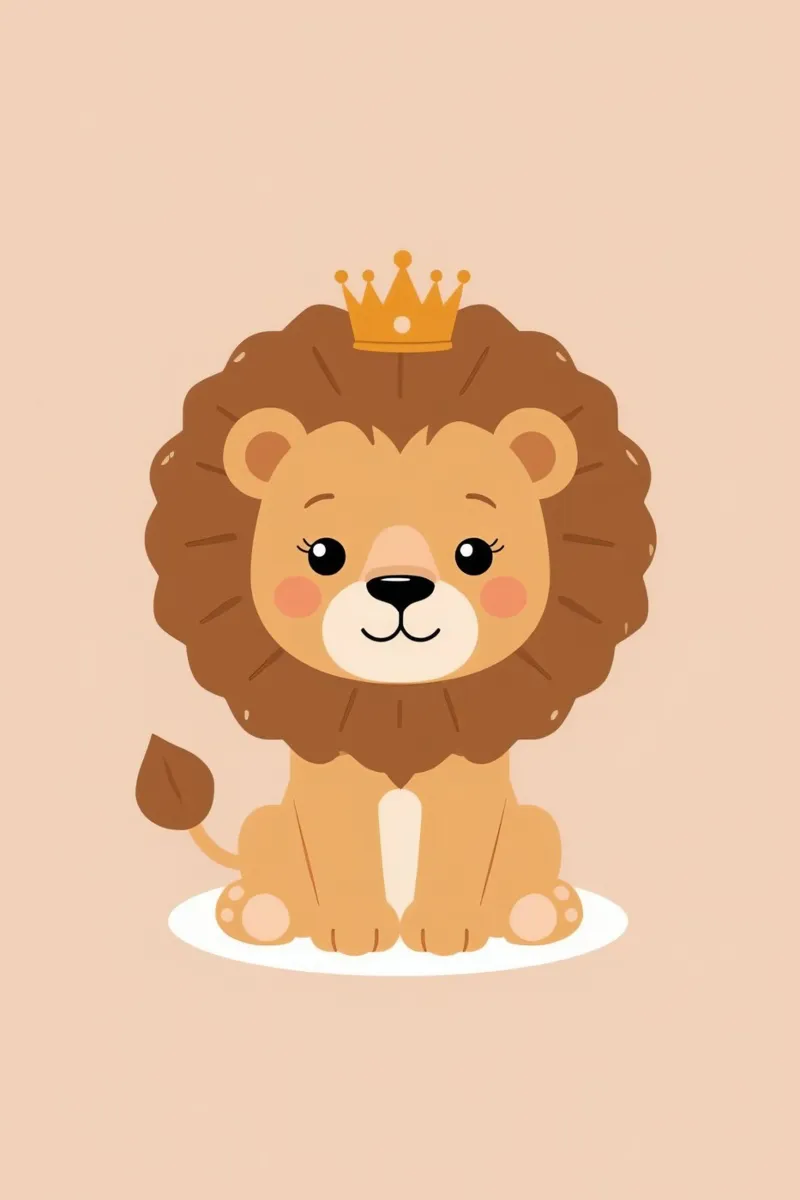 Lindo león de dibujos animados con corona sentado sobre fondo de melocotón poster de DesignDoodle