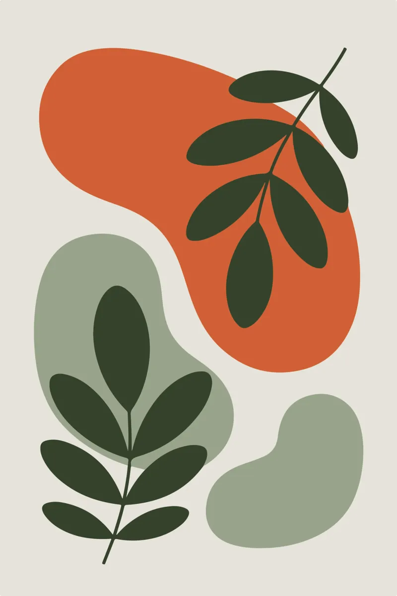 Overlapping Leaves on Organic Blobs poster con marco de madera de LisaArtes