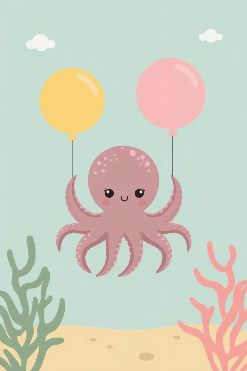 Lindo pulpo de dibujos animados sosteniendo globos bajo el agua poster de DesignDoodle