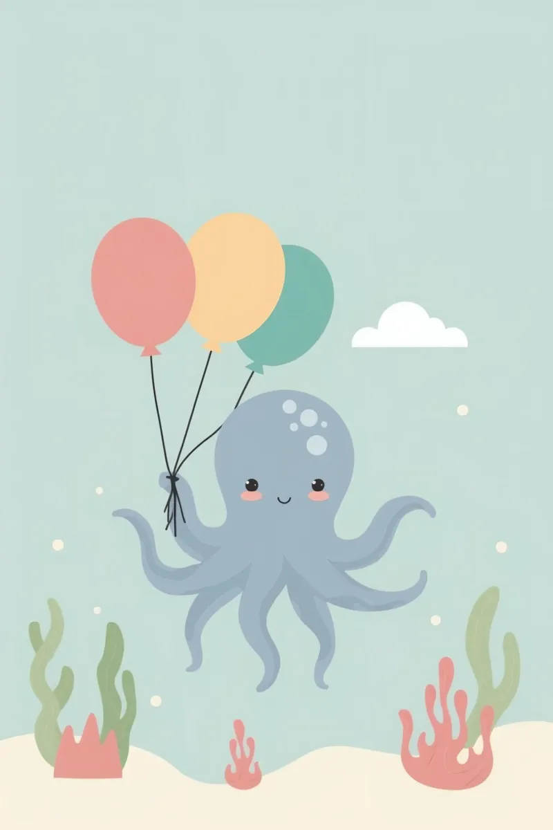 Felice polpo carino dei cartoni animati che tiene i palloncini sott'acqua poster con telaio in legno da DesignDoodle