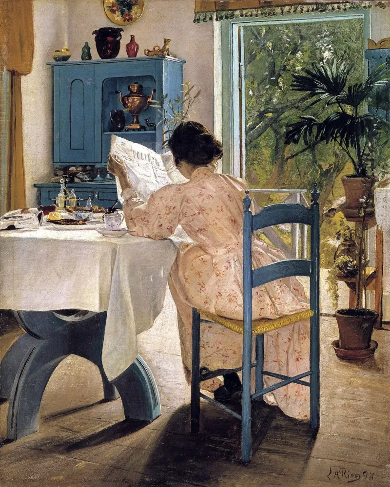 Breakfast with the Morning Newspaper poster con telaio in plastica da apoloprints