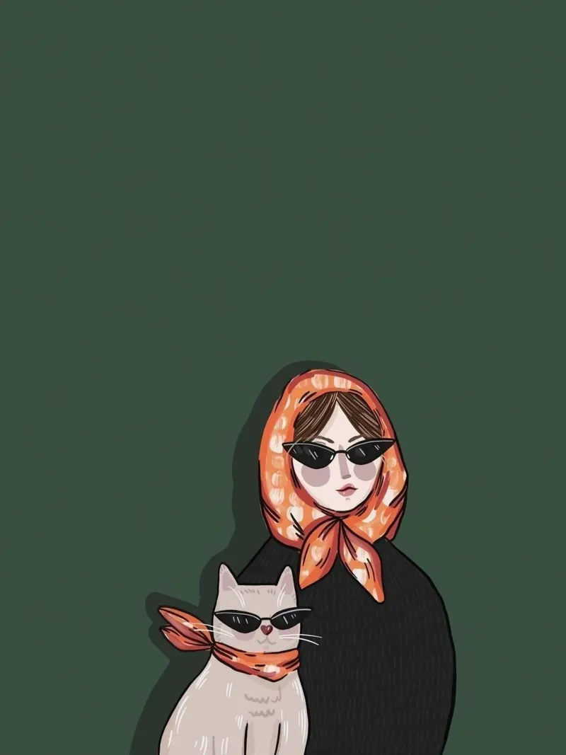 woman and cat in green background poster con telaio in plastica da jasnet