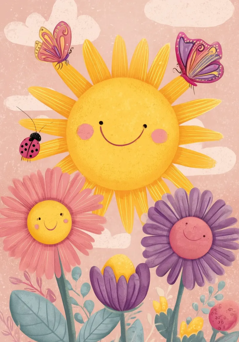 Smiling Sun and Happy Flowers canvas with Floater frame by Kiara