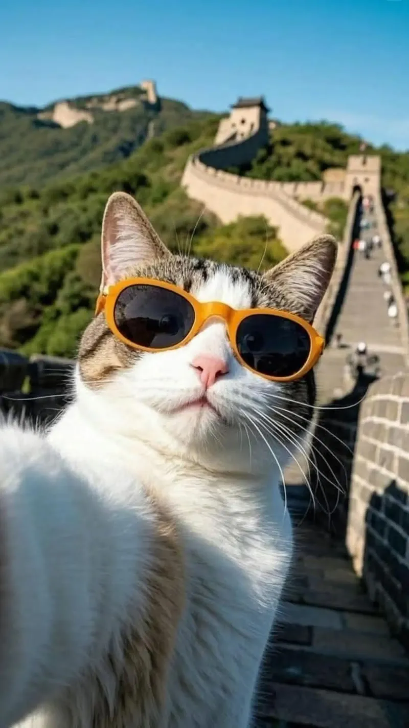 cat selfie on great wall tela con Cornice a cassetta da jasnet