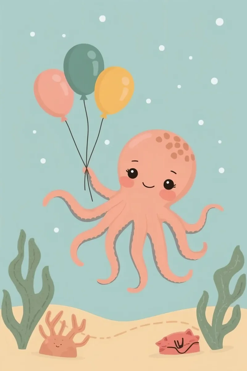 Polpo a cartoni animati con palloncini sott'acqua poster con telaio in legno da DesignDoodle