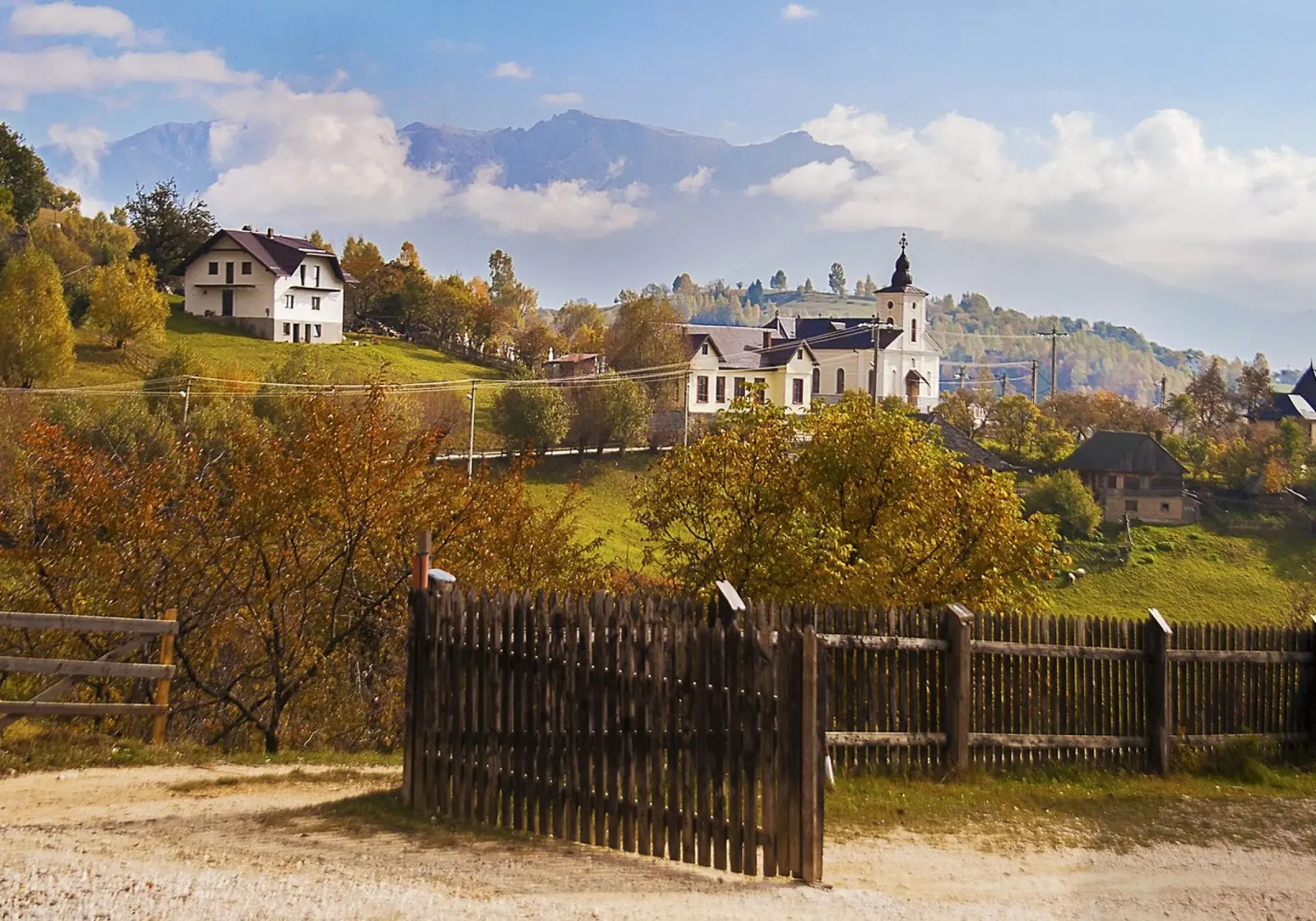 Autumn Village with Mountains & Church - Nature Photo Print canvas with Floater frame by jay