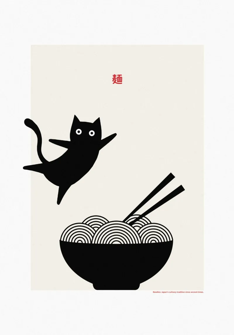 Gatto e tagliatelle poster con telaio in plastica da PurePeachStudio
