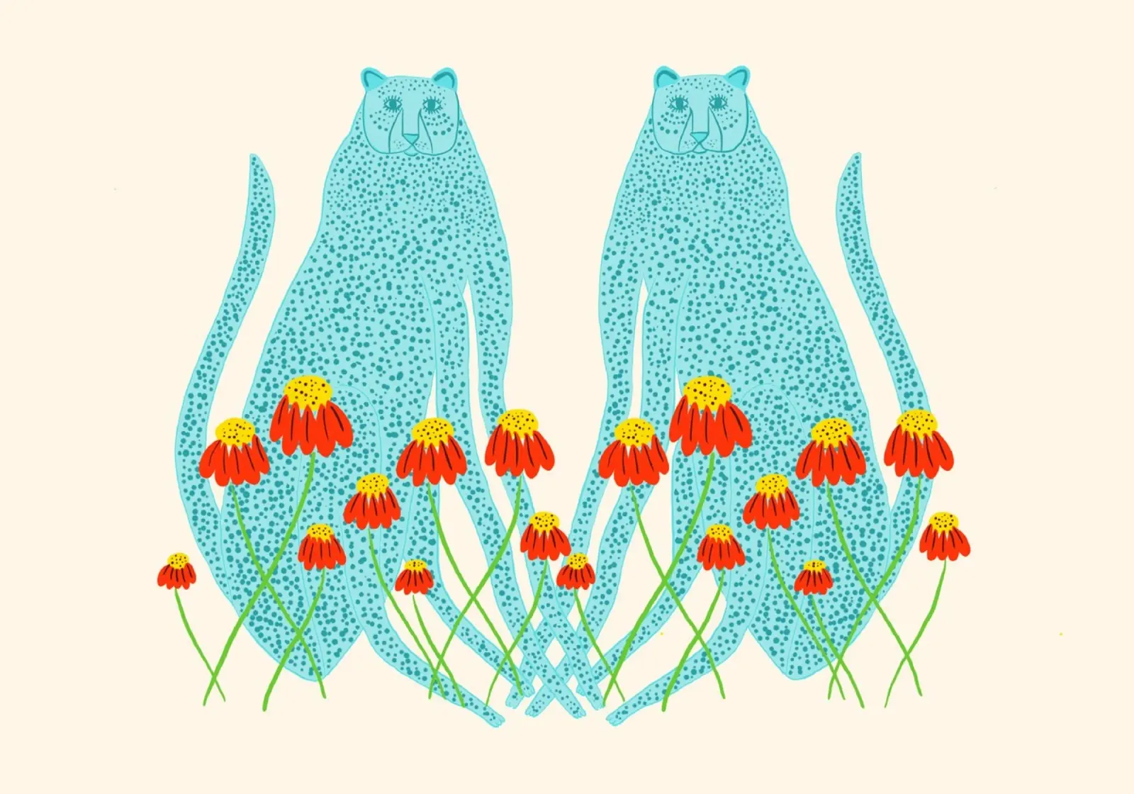 Leopardi blu e fiori rossi Arte simmetrica poster con telaio in legno da vintagepod
