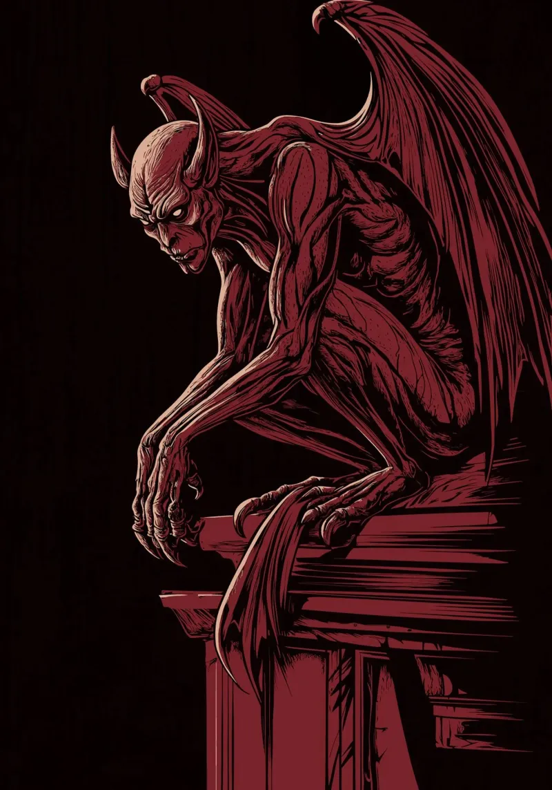 Gargoyle on a Gothic column canvas with Floater frame by pixelbull - medieval art and more