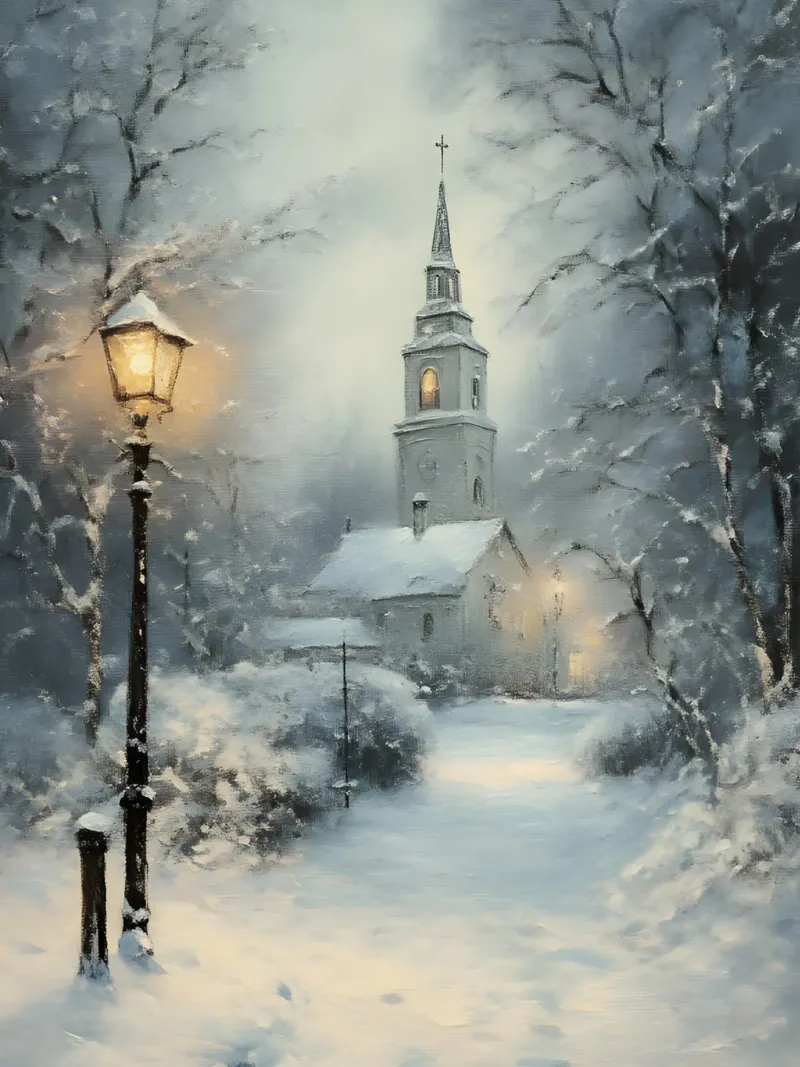 Winterkerk in de sneeuw canvas met Baklijst van Studio Vibe