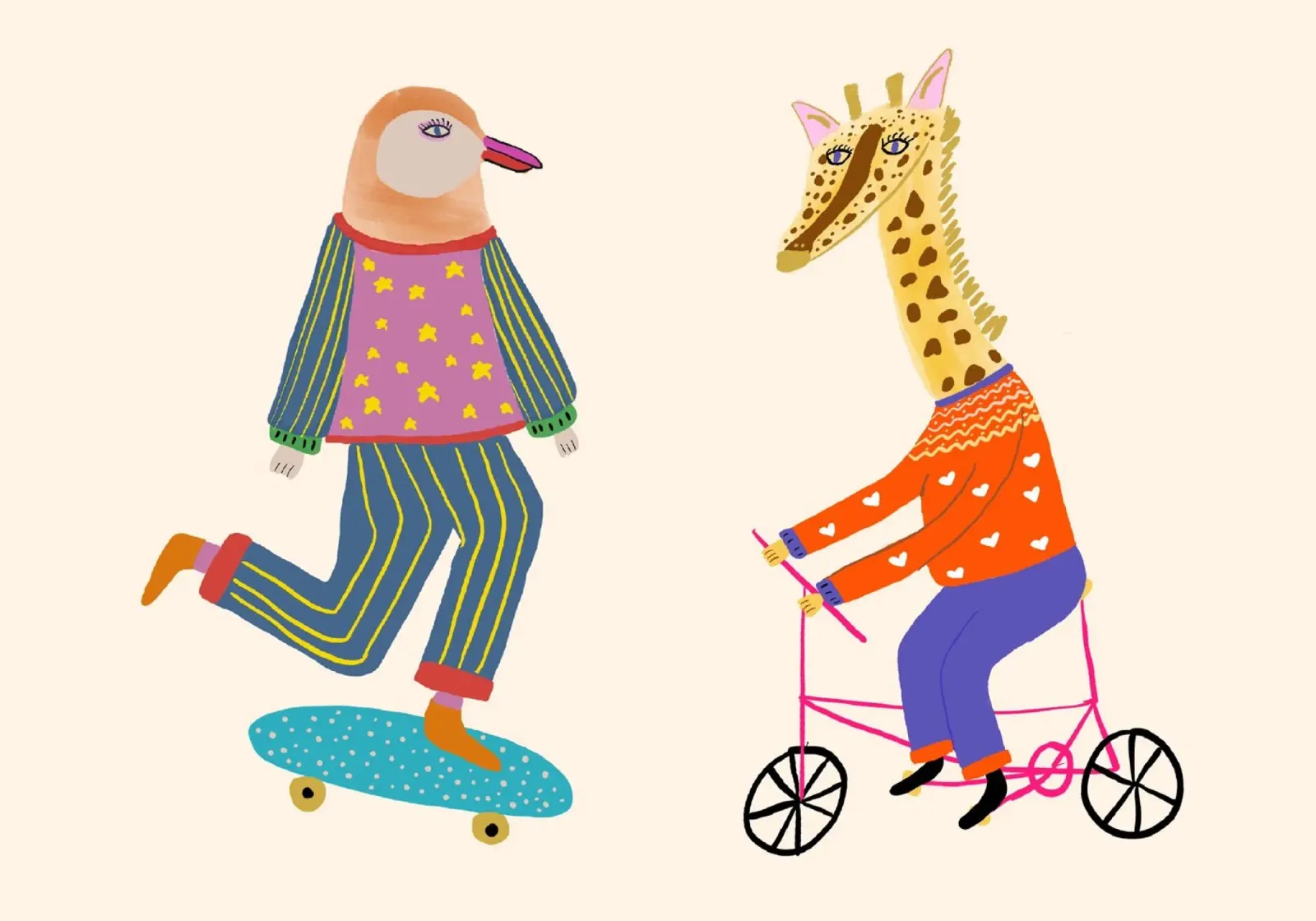 Pinguino e giraffa in bici sullo skateboard poster da vintagepod