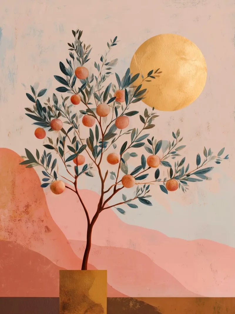 Albero arancione e luna d'oro Stampa d'arte botanica Boho poster con telaio in plastica da Gentle Echoes Art