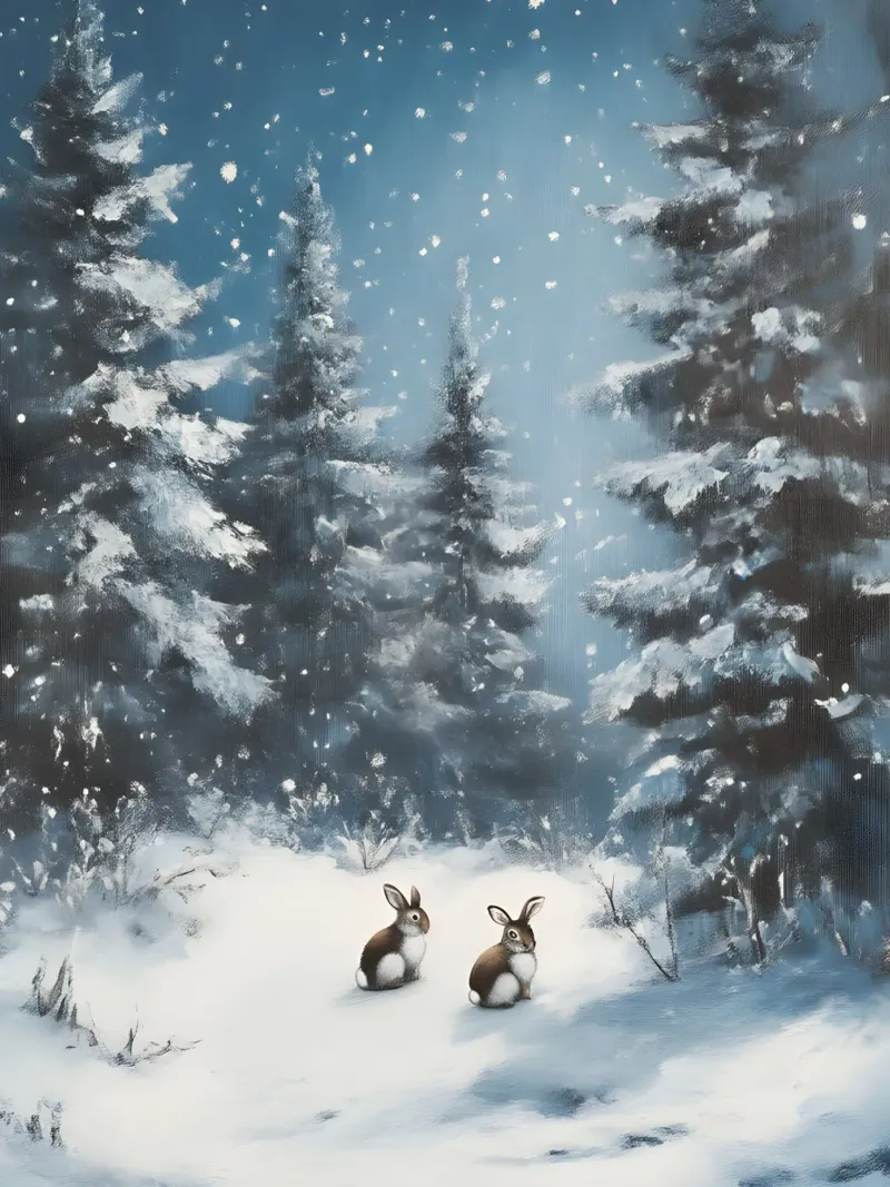Poster invernale con lepri in una foresta innevata poster con telaio in legno da Studio Vibe