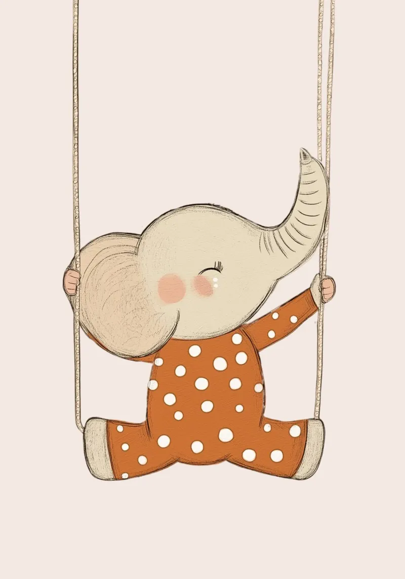Poster per la cameretta con un simpatico elefante sull'altalena poster con telaio in alluminio da vintagepod