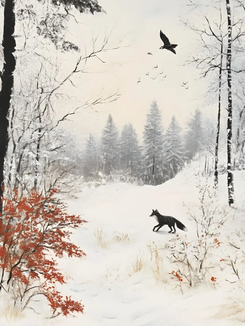 Winter landscape poster with fox and bird in the snow canvas with Floater frame by Studio Vibe