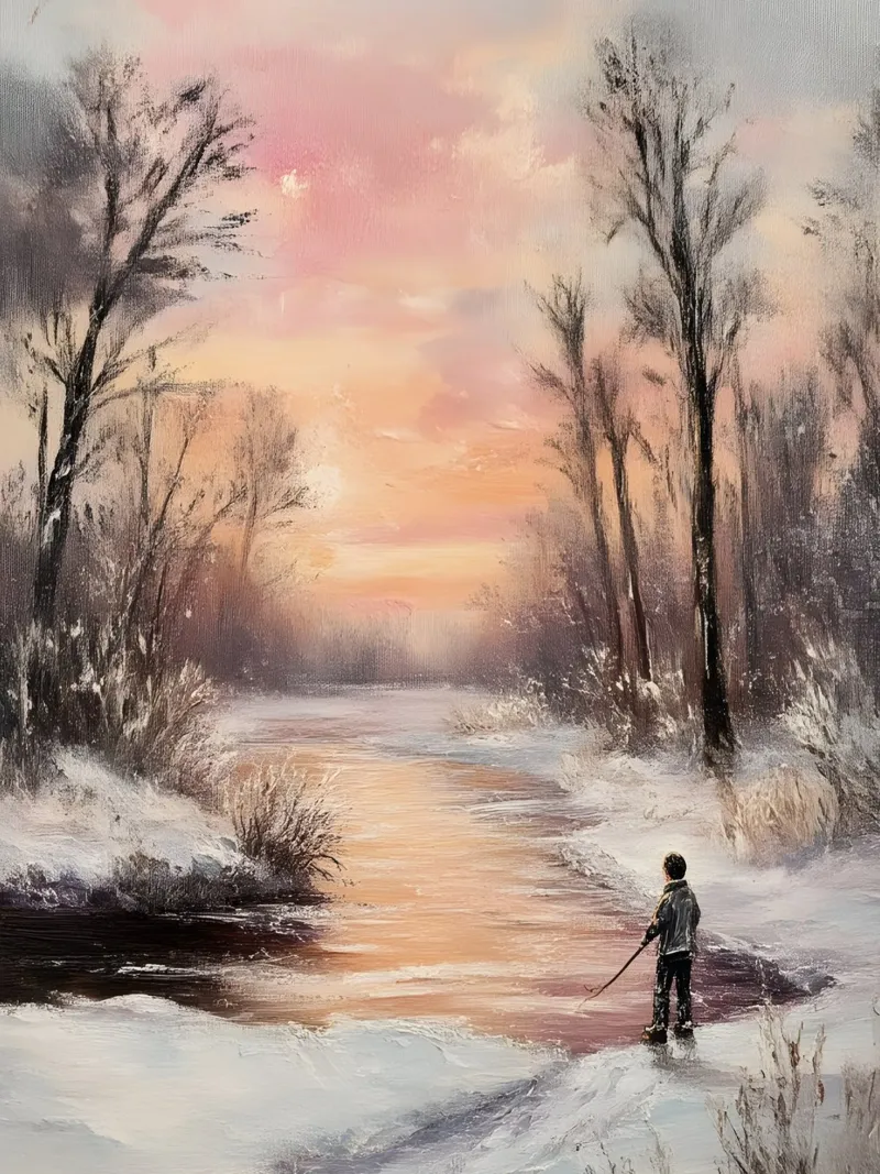 Poster paesaggio invernale - Tramonto in riva al fiume poster da Studio Vibe