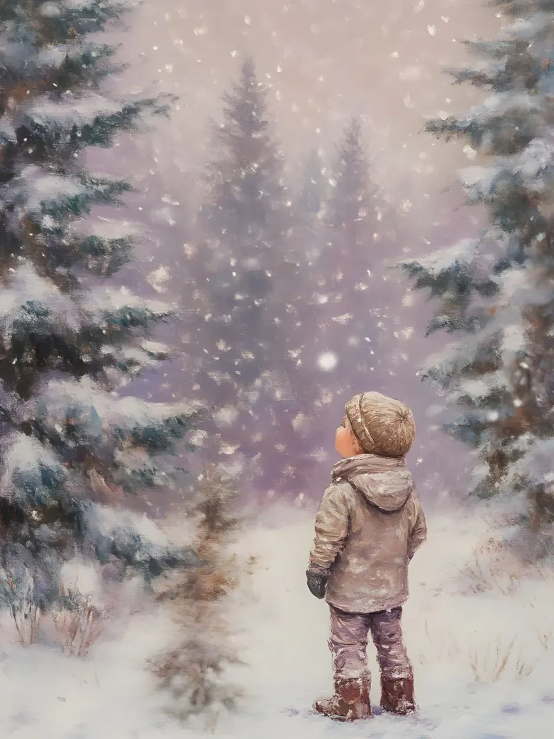 Child in the winter forest - Nostalgic snow scene canvas with Floater frame by Studio Vibe