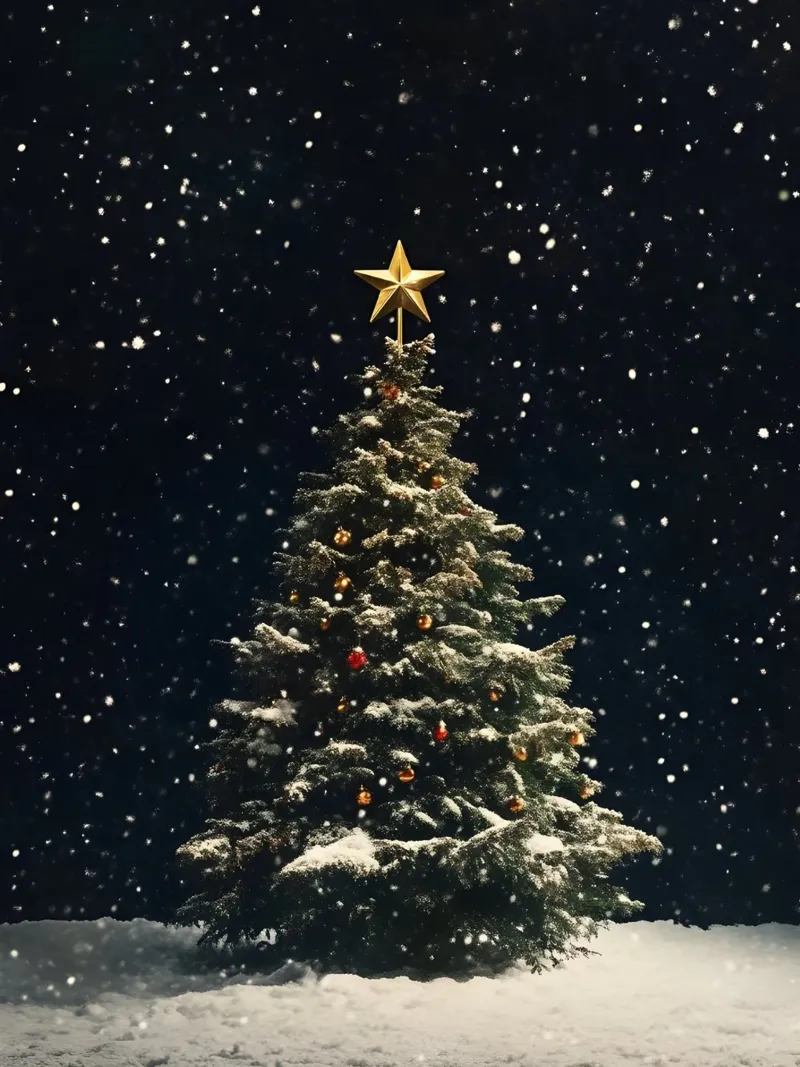 Albero di Natale decorato a festa nella neve sotto le stelle poster da Studio Vibe