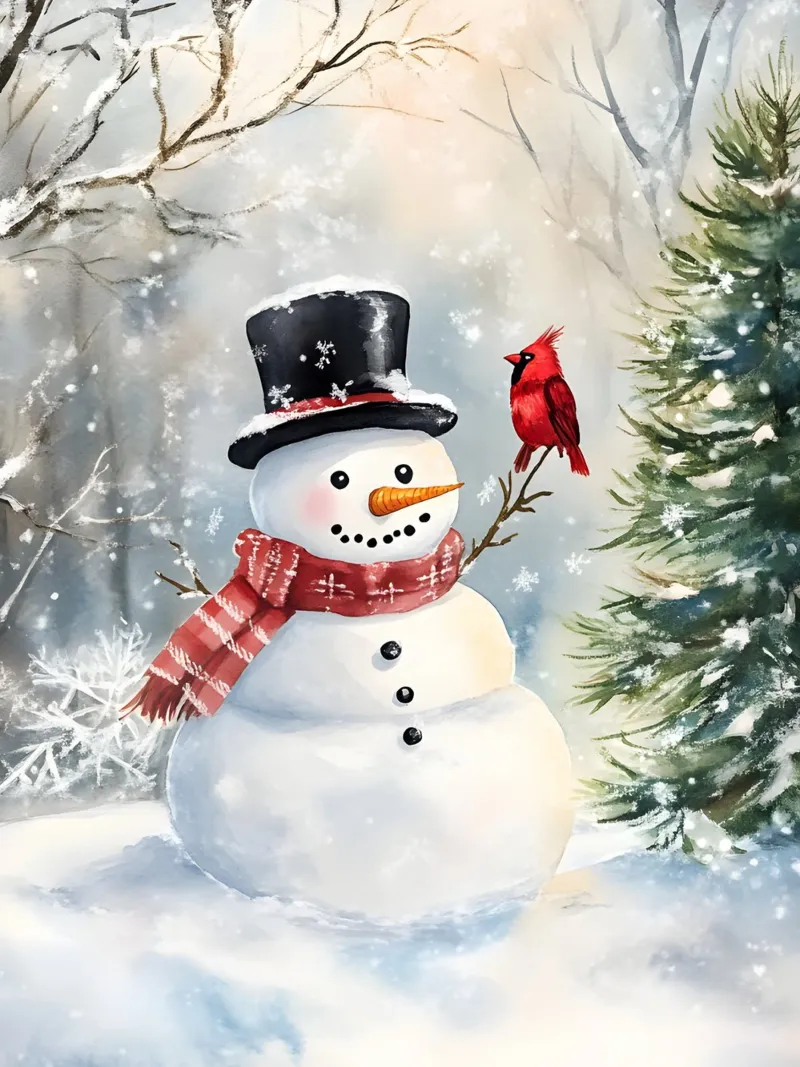 Winterlicher Schneemann mit rotem Kardinal im Wald Poster von Studio Vibe