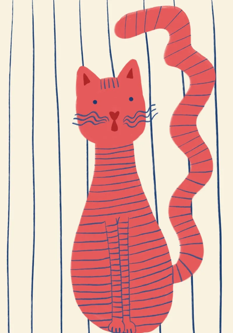 Gatto a righe Poster minimalista rosso e blu poster con telaio in legno da vintagepod