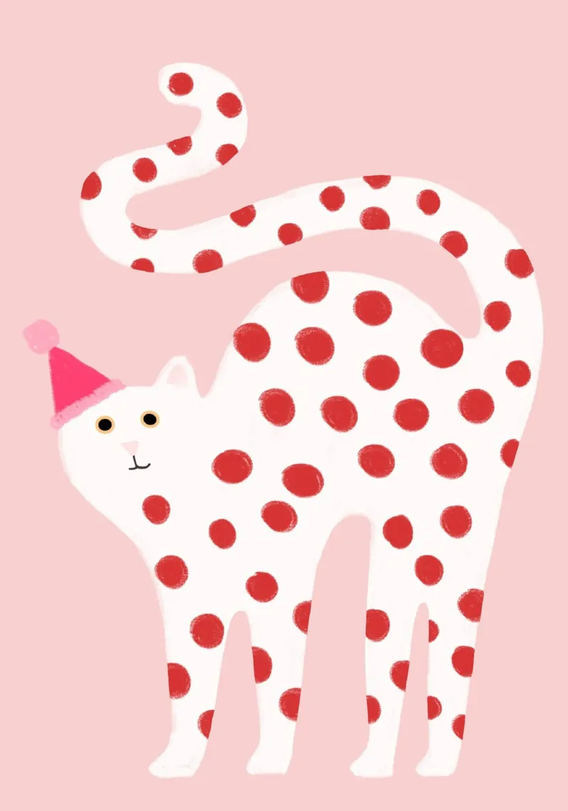 Stampa d'arte di un simpatico gatto a pois con cappello da festa tela con Cornice a cassetta da vintagepod