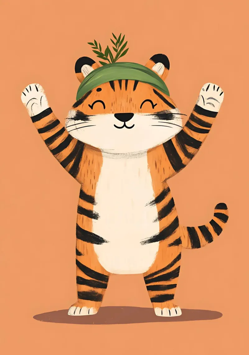 Happy Tiger with Green Hat Whimsical Art Print canvas with Floater frame by vintagepod