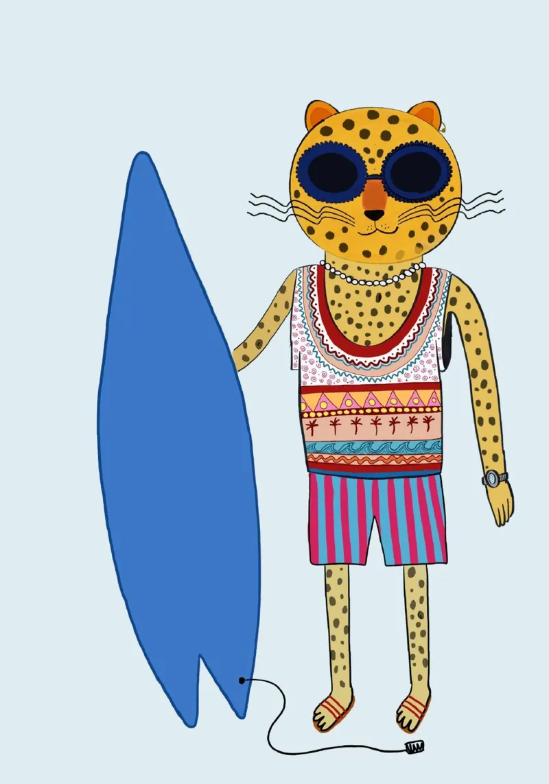 Surfer Leopard Cool Animal Beach Poster tela con Cornice a cassetta da vintagepod