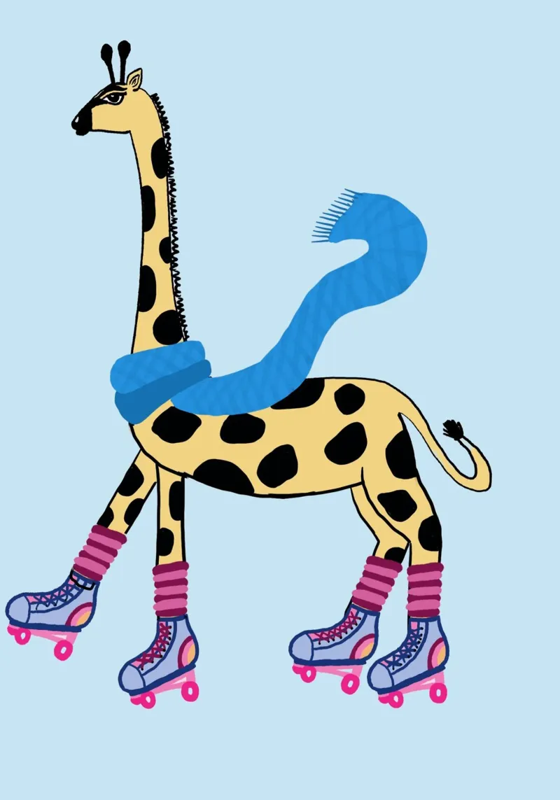 Giraffa pattinatrice con sciarpa e scaldamuscoli tela con Cornice a cassetta da vintagepod