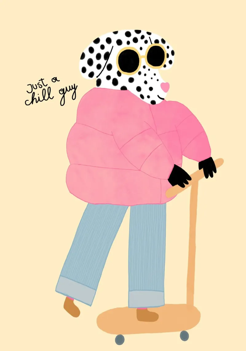 Impression d'art "Just a Chill Guy Dalmatian on Scooter" (Dalmatien sur scooter) toile avec Caisse américaine de vintagepod