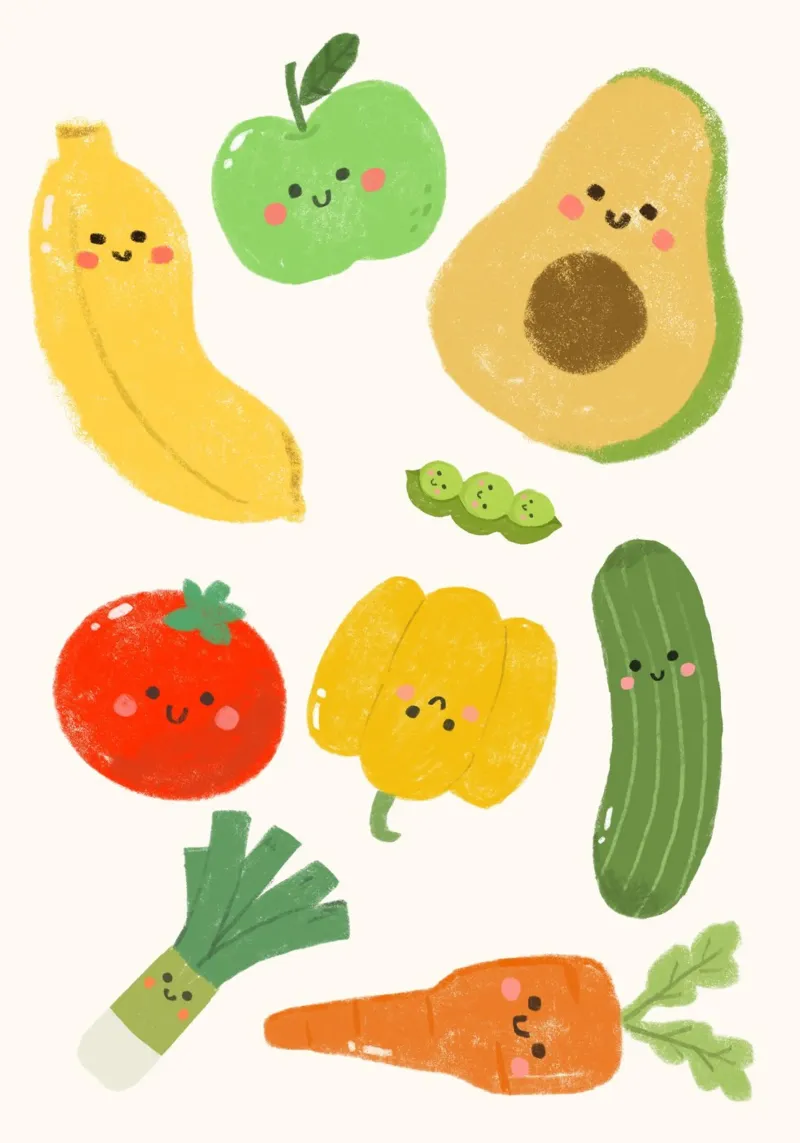 Cute Fruits and Veggies Kawaii Art Print canvas with Floater frame by vintagepod