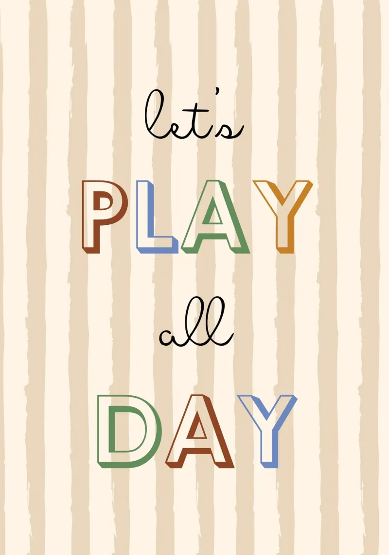 "Let's Play All Day" Typografie kunstdruk canvas met Baklijst van vintagepod